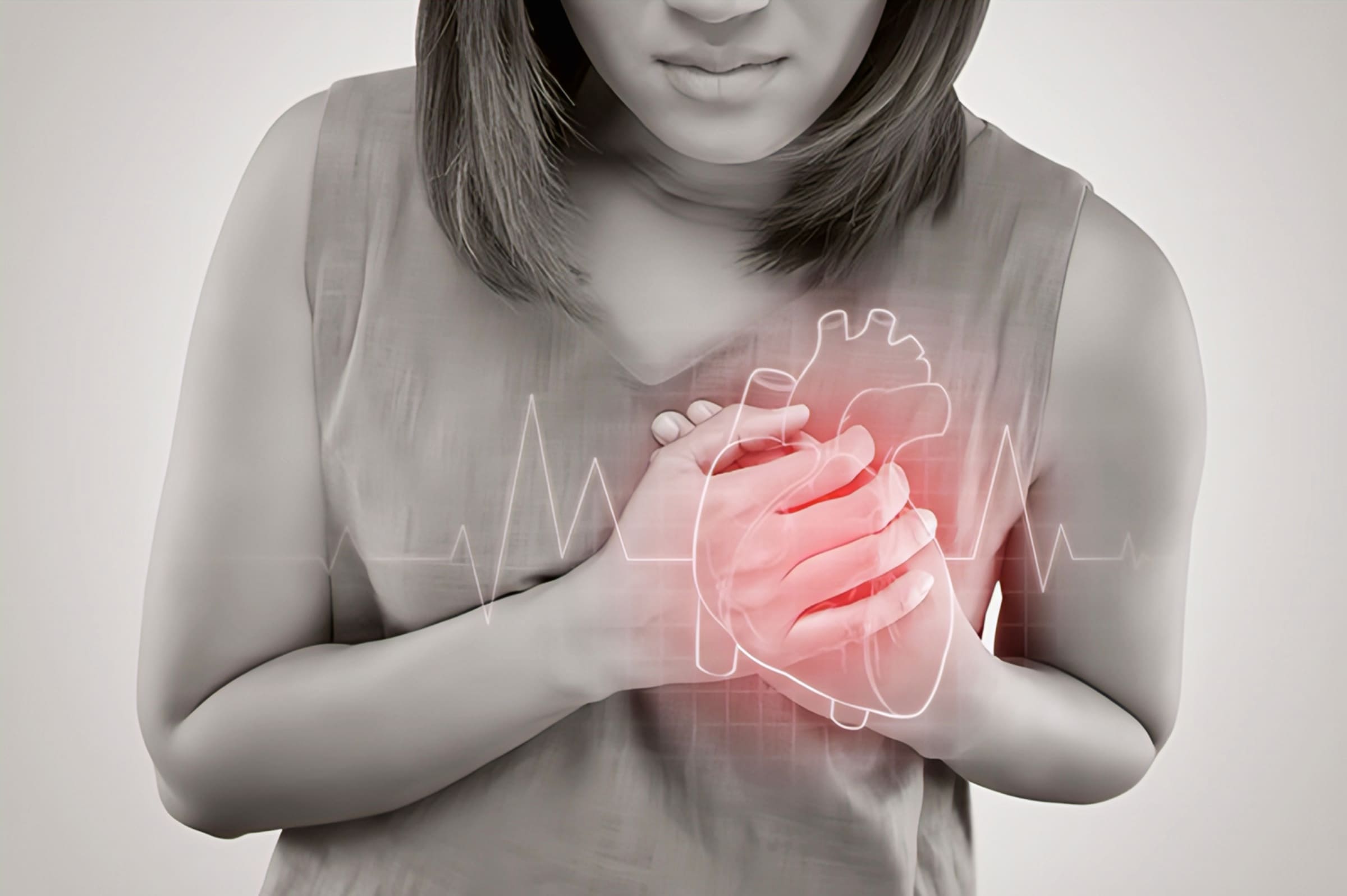 Woman holding chest showing heart problem illustration